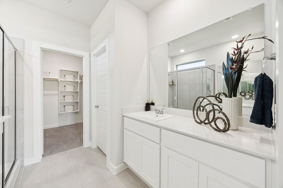 Primary Bathroom in a Belmont Magnolia Model Home in Aubrey TX by Trophy Signature Homes