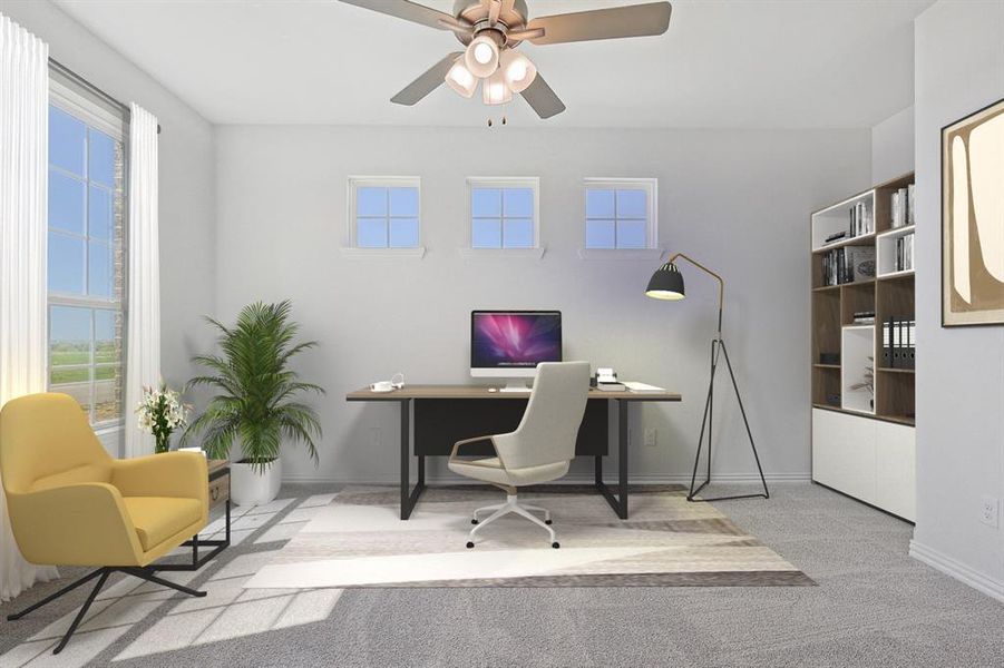 Carpeted office with plenty of natural light and ceiling fan