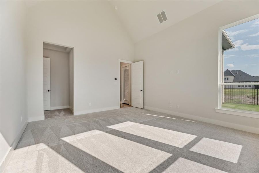 Unfurnished bedroom with carpet flooring and high vaulted ceiling Unfurnished bedroom with carpet flooring and high vaulted ceiling