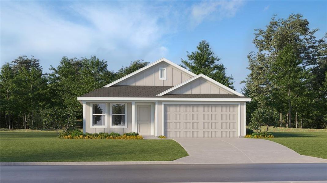 View of front of property with board and batten siding, a front lawn, concrete driveway, and a garage View of front of property with board and batten siding, a front lawn, concrete driveway, and a garage