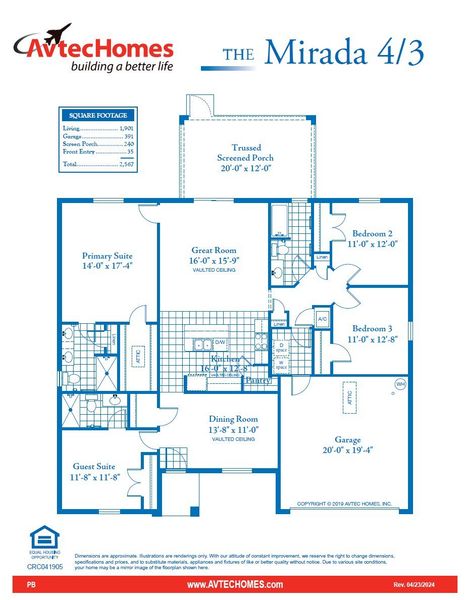 2D floor plan layout for the Mirada 4/3 by Avtec Homes in Palm Bay & South Brevard, Palm Bay, FL (Image 2).