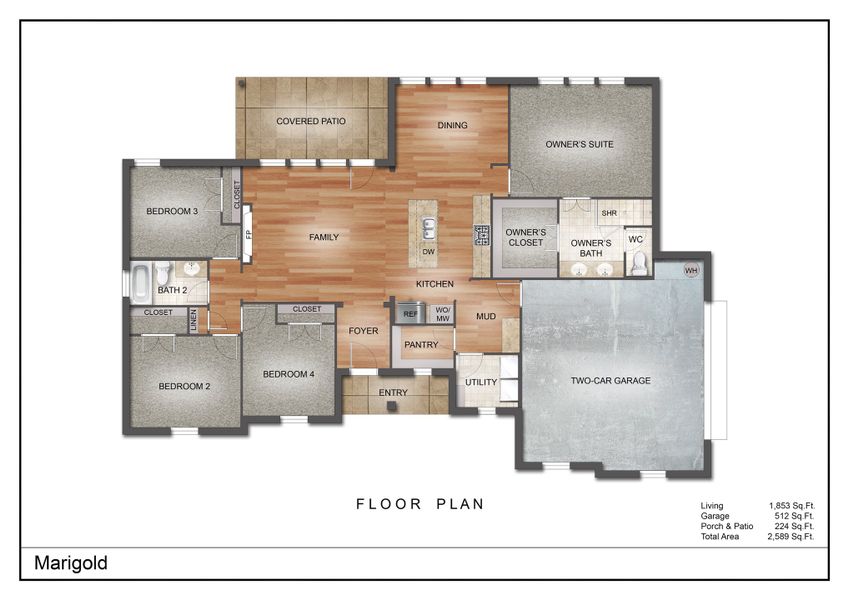 2D floor plan layout for the The Marigold by Kenmark Homes in Zion Valley, Poolville, TX (Image 3).