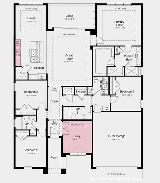Floor Plan - Additional Highlights Include: Tray ceiling at great room/casual dining/primary suite/study, pocket sliding glass door at great room, 4' garage extension, gourmet kitchen, 8' interior doors, study in place of flex, pre-plumb for future laundry sink, outdoor kitchen rough-in, and whole house impact windows Floor Plan - Additional Highlights Include: Tray ceiling at great room/casual dining/primary suite/study, pocket sliding glass door at great room, 4' garage extension, gourmet kitchen, 8' interior doors, study in place of flex, pre-plumb for future laundry sink, outdoor kitchen rough-in, and whole house impact windows