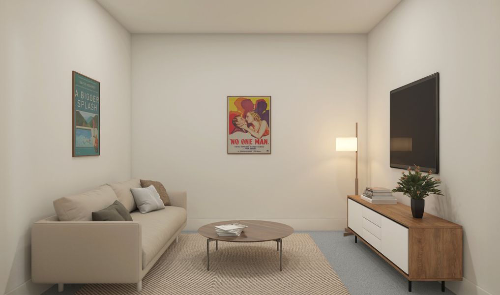 Media room with plush carpeting