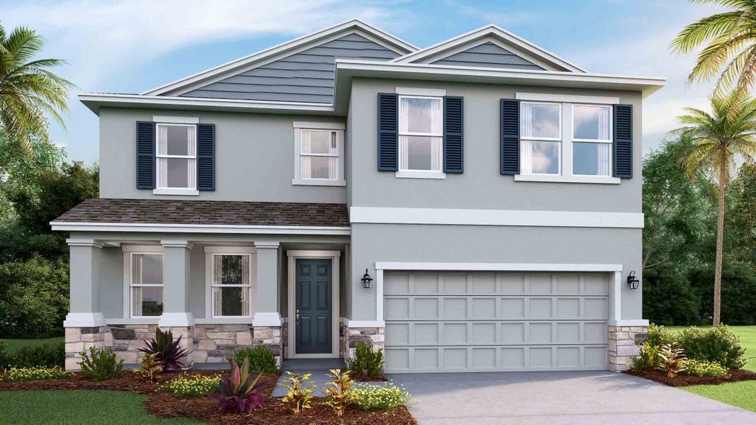 Front exterior of a new home in Archer at Two Rivers, Zephyrhills, FL, highlighting curb appeal (Image 1). Front exterior of a new home in Archer at Two Rivers, Zephyrhills, FL, highlighting curb appeal (Image 1).