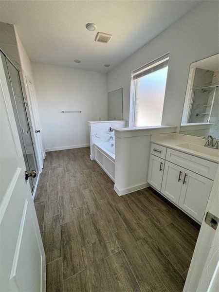 Bathroom with vanity, a shower stall, dark wood-type flooring, and a bath Bathroom with vanity, a shower stall, dark wood-type flooring, and a bath