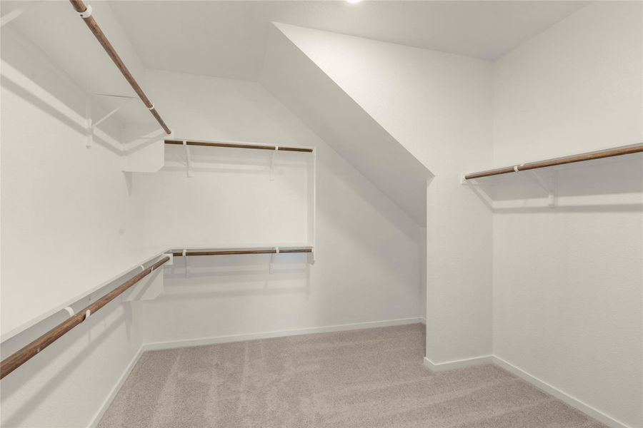 Walk in closet with light colored carpet