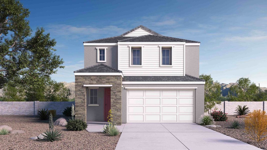 Front exterior of a new home in The Buttes at Mystic, Peoria, AZ, highlighting curb appeal (Image 1). Front exterior of a new home in The Buttes at Mystic, Peoria, AZ, highlighting curb appeal (Image 1).