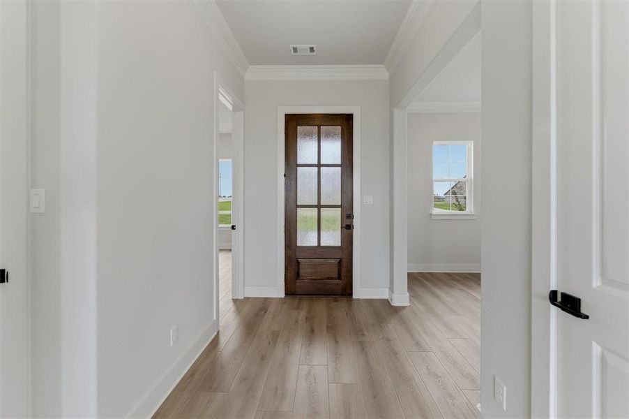 Entryway featuring a dark wood door with frosted glass panes, light wood-finish flooring, white baseboards, crown molding, and light gray wall paint
