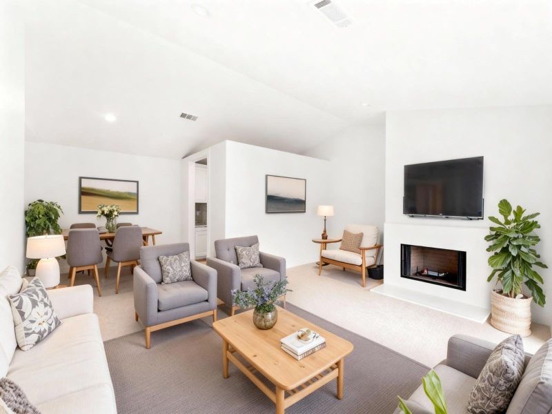 Alternate view of the living room highlighting the high ceilings and natural light. Virtually staged Alternate view of the living room highlighting the high ceilings and natural light. Virtually staged