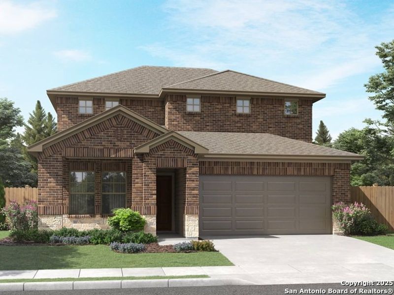 Front exterior of a new home in Lark Canyon, New Braunfels, TX, highlighting curb appeal (Image 1).