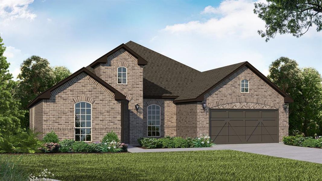 View of front facade featuring a garage and a front yard