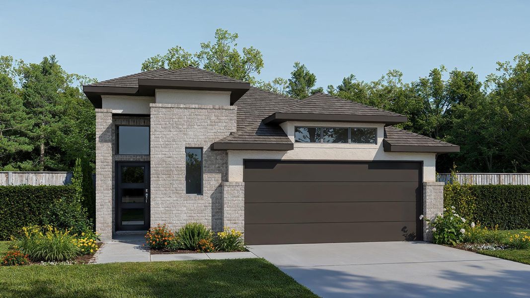 Front exterior of a new home in Meridiana, Manvel, TX, highlighting curb appeal (Image 1). Front exterior of a new home in Meridiana, Manvel, TX, highlighting curb appeal (Image 1).
