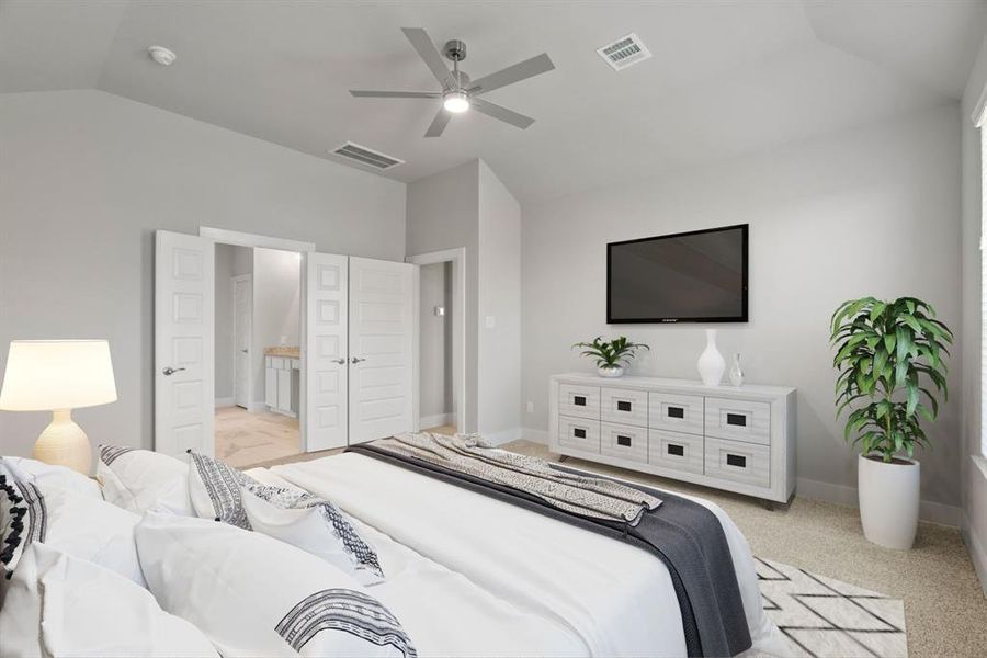 Come decompress in the stunning primary suite after a lengthy day! Experience the luxury of plush carpeting, warm paint hues, high ceilings, and large windows featuring privacy blinds. Sample photo of completed home with similar floor plan. Actual colors and selections may vary.