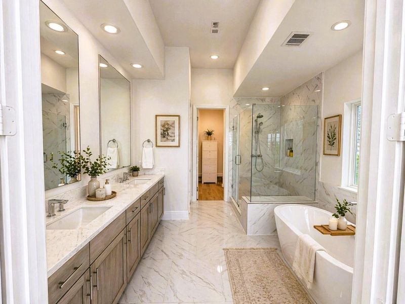 Gorgeous Primary Bathroom w/ Free Standing Tub, Frameless Shower, Marble Countertops. (pic was virtually staged)