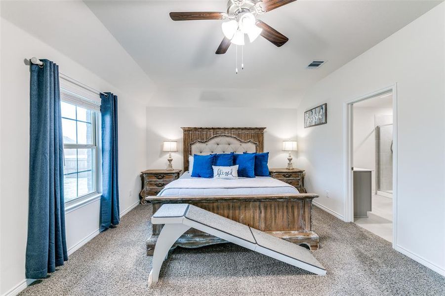 Carpeted bedroom with ceiling fan