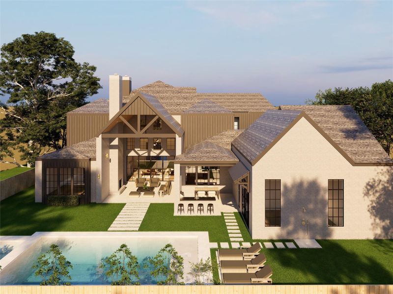 A true extension of the home, this outdoor setting blends architecture and landscape with effortless ease. The expansive patio, built-in bar seating, and inviting pool create a setting that feels both elevated and endlessly livable.