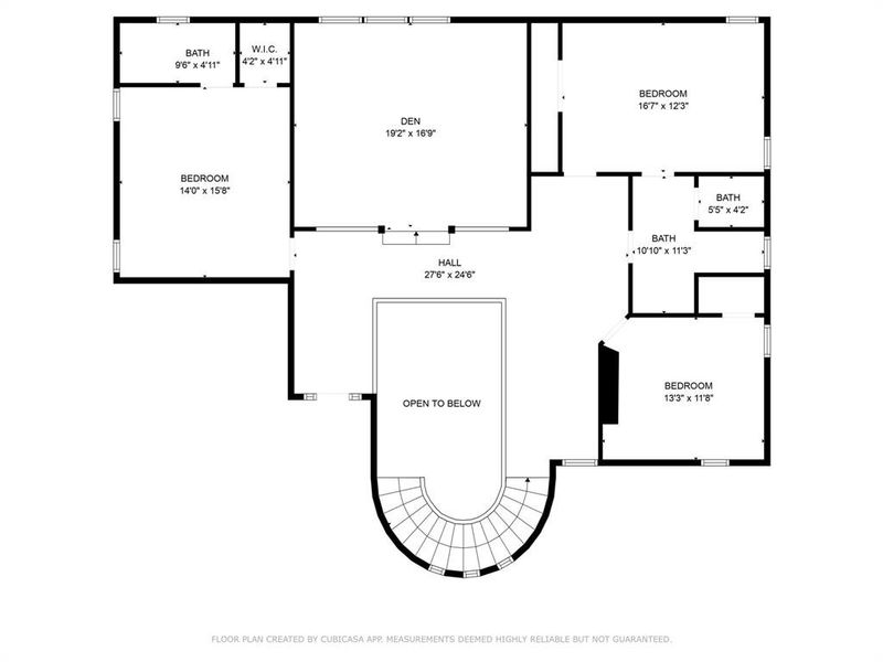 This floor plan features a spacious open area with a central hall, a large den, and three bedrooms. It includes three bathrooms and a walk-in closet, with an elegant curved entryway.