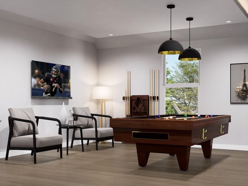 The spacious game room offers a versatile retreat, perfect for media, play, or entertaining — a stylish extension of the home’s modern design. Image depicts artist's rendering. Colors and selections my vary from the final product. See New Home Consultant for details.