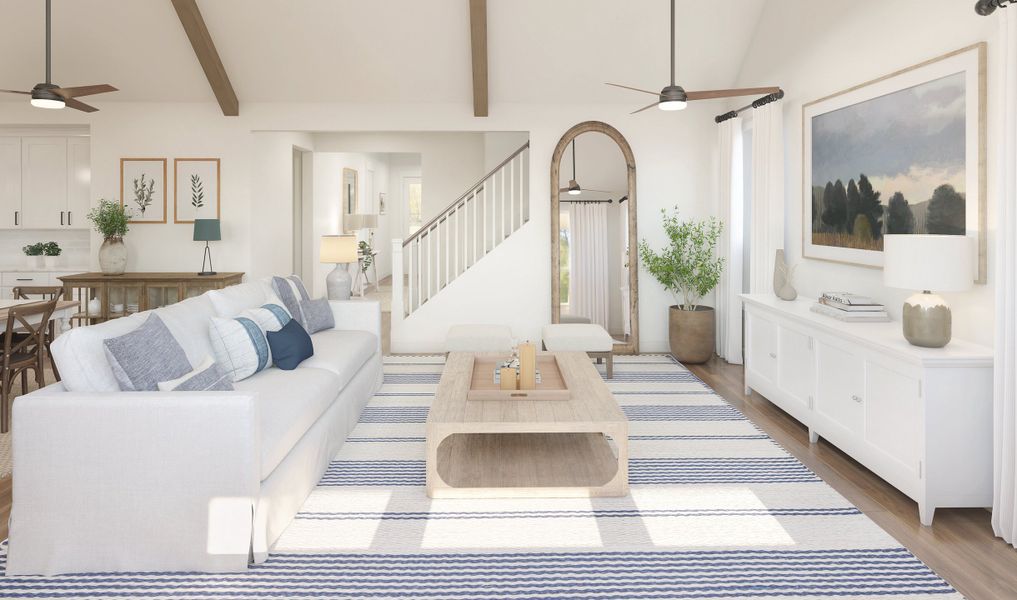 Great room with vaulted ceiling and stained beams