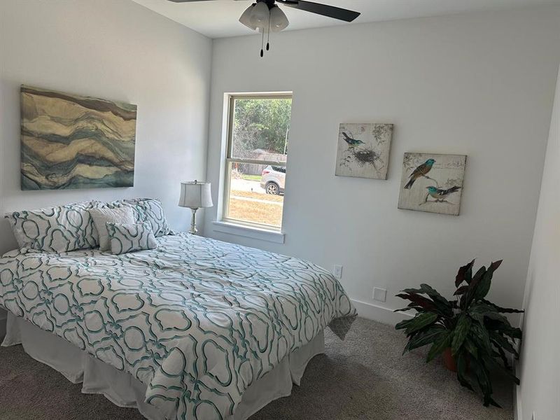 Bedroom featuring multiple windows, carpet flooring, and ceiling fan