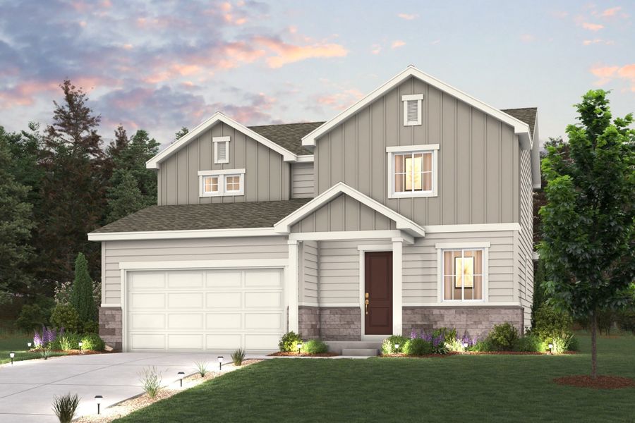 Front exterior of a new home in Sweetgrass, Dacono, CO, highlighting curb appeal (Image 1). Front exterior of a new home in Sweetgrass, Dacono, CO, highlighting curb appeal (Image 1).