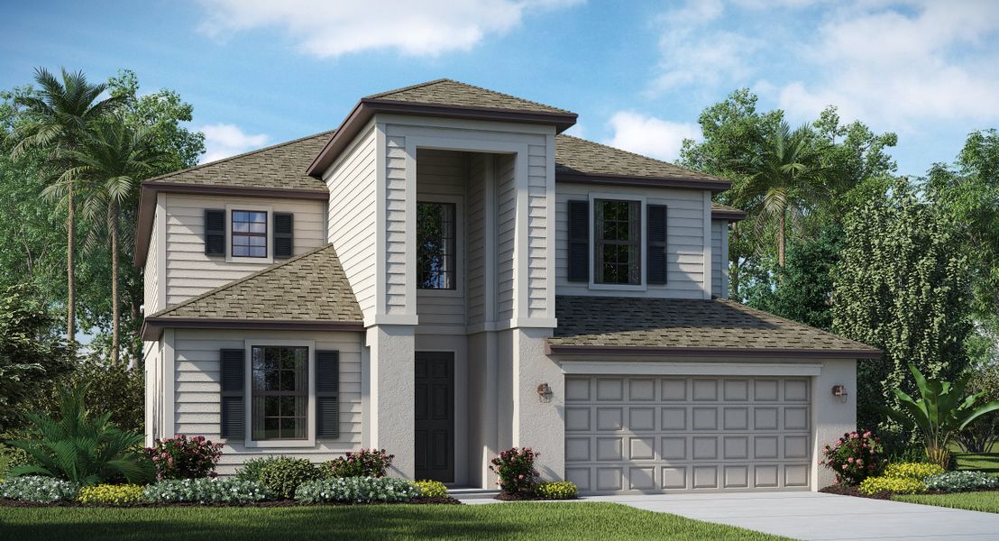 Front exterior of a new home in Portico: Executive homes, Fort Myers, FL, highlighting curb appeal (Image 1).