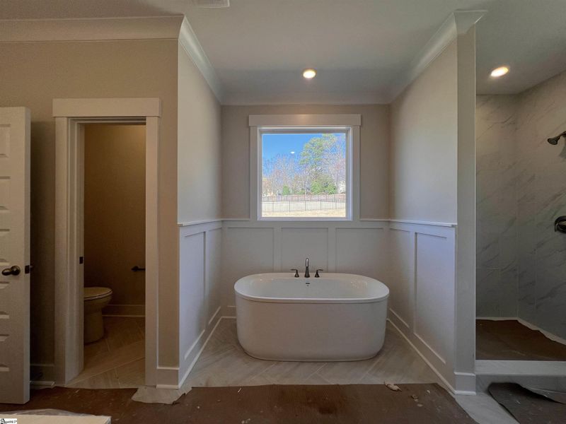 Primary bath featuring a large soaking tub, separate walk in shower, and a separate water closet.