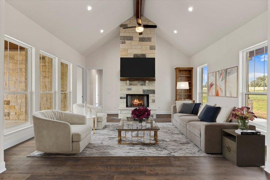 Virtually Stageed  Living room with 15 foot vaulted ceiling, beam ceiling, a fireplace, wood finished floors, and recessed lighting
