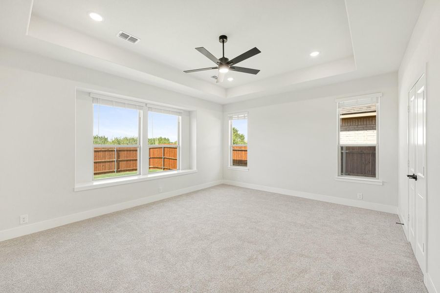 Empty bedroom with tray ceiling, ceiling fan, carpet flooring, and multiple windows with backyard views