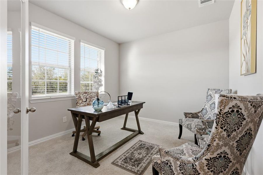 Carpeted room featuring two windows with horizontal blinds, providing ample natural light