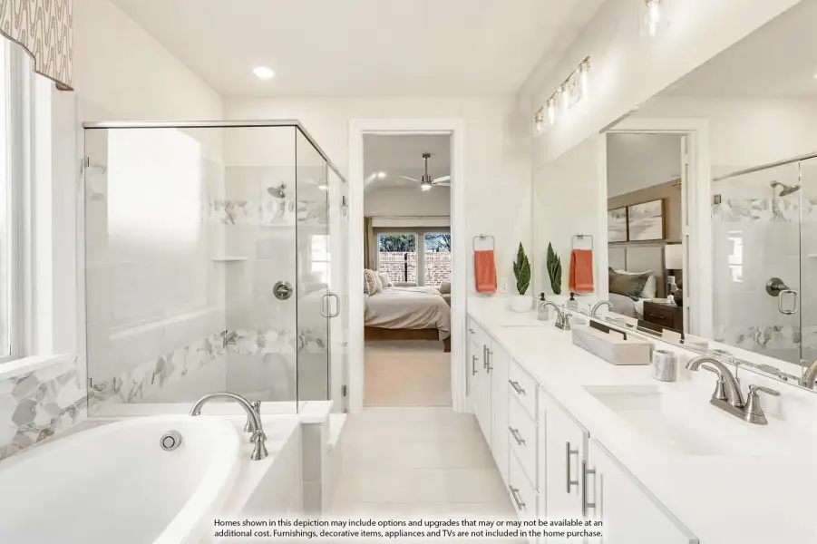 Master bathroom with double vanity, soaking tub, glass shower, and marble tile accents