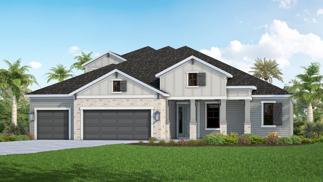 Front exterior of a new home in Canoe Creek, Parrish, FL, highlighting curb appeal (Image 1). Front exterior of a new home in Canoe Creek, Parrish, FL, highlighting curb appeal (Image 1).
