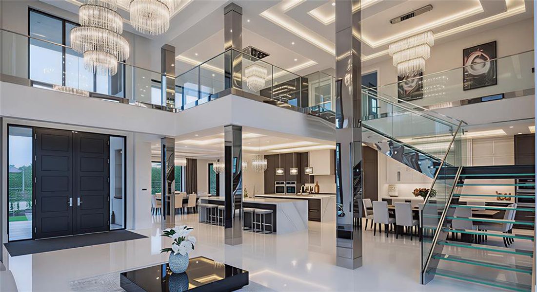 Lobby featuring stairs and a high ceiling