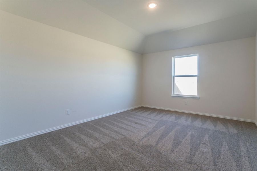 Carpeted spare room with lofted ceiling and baseboards Carpeted spare room with lofted ceiling and baseboards