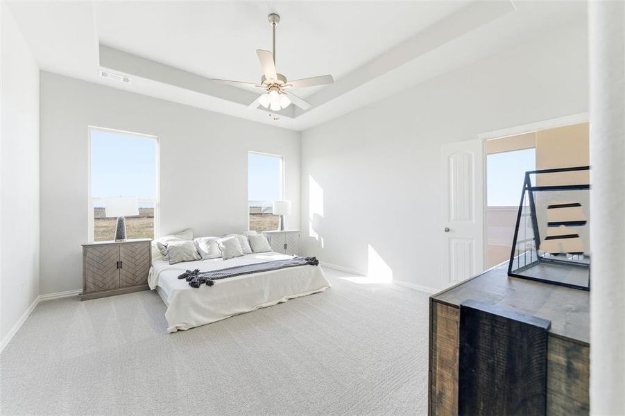 Bedroom with a tray ceiling, carpet flooring, ceiling fan, and multiple windows