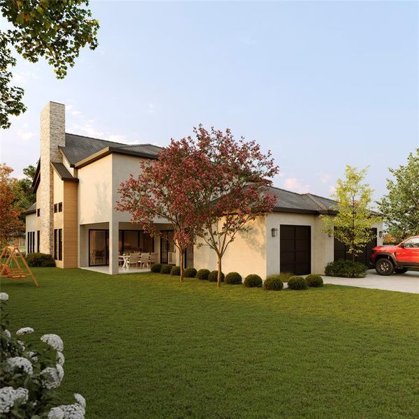 Back of property featuring a playground, a patio, and a lawn