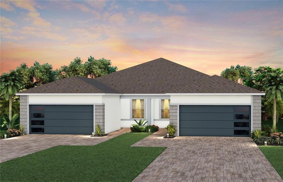 Front exterior of a new home in Del Webb Oasis, Winter Garden, FL, highlighting curb appeal (Image 1).