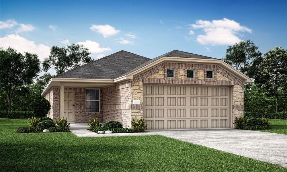 View of front of property with a front yard and a garage