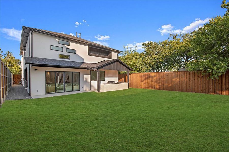 Rear view of property featuring a patio, a fenced backyard, and stucco siding Rear view of property featuring a patio, a fenced backyard, and stucco siding