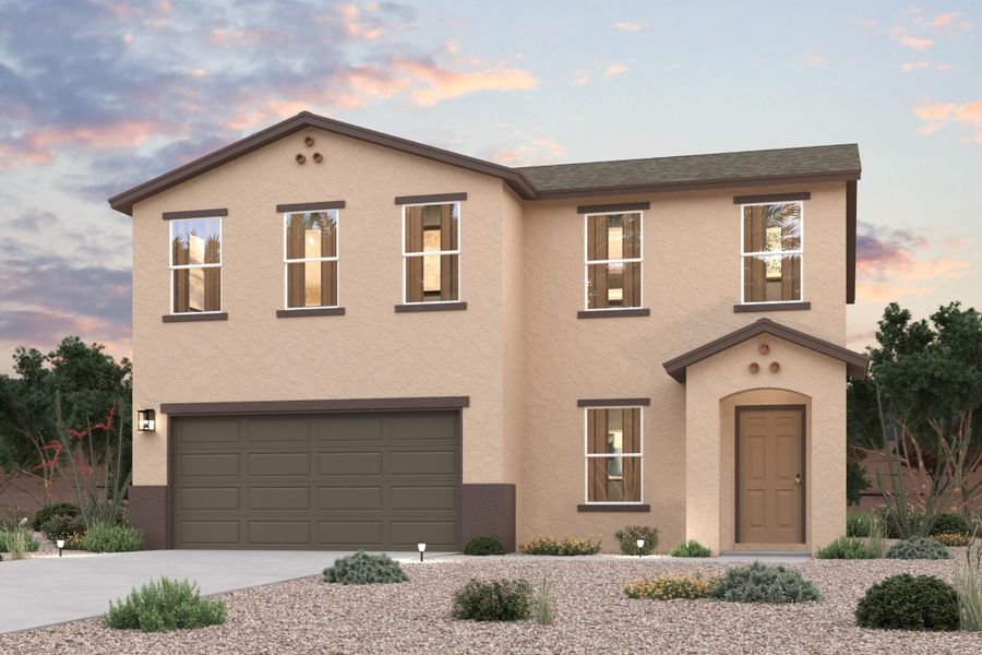 Front exterior of a new home in Coolidge Gateway Manor, Coolidge, AZ, highlighting curb appeal (Image 1). Front exterior of a new home in Coolidge Gateway Manor, Coolidge, AZ, highlighting curb appeal (Image 1).