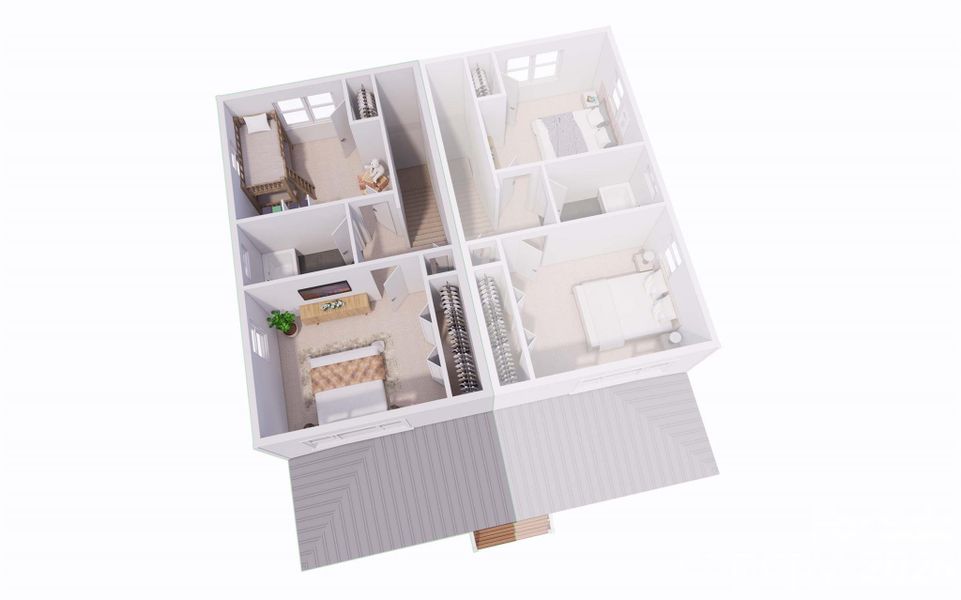 Upstairs feat. bedroom 1, full bath, & bedroom 2