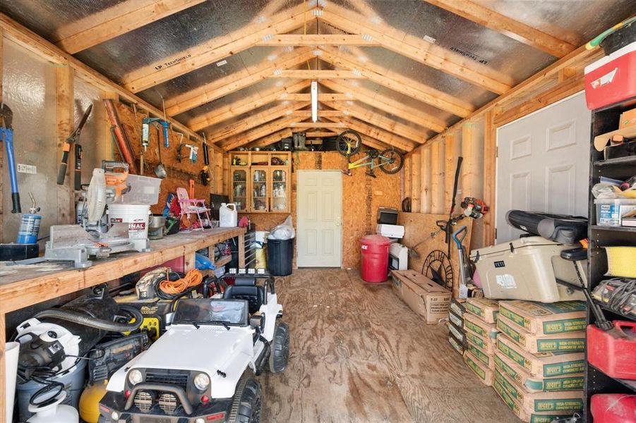 Utility shed with exposed wood framing, plywood walls, and overhead lighting