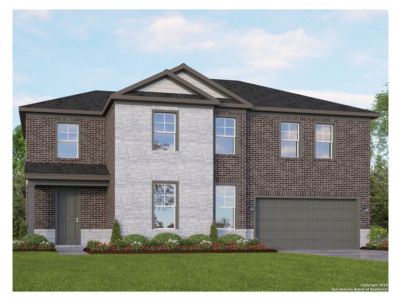 Front exterior of a new home in The Reserve at Potranco Oaks, Castroville, TX, highlighting curb appeal (Image 1).