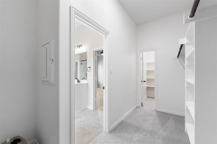 Walk in closet featuring light colored carpet and light tile patterned floors Walk in closet featuring light colored carpet and light tile patterned floors