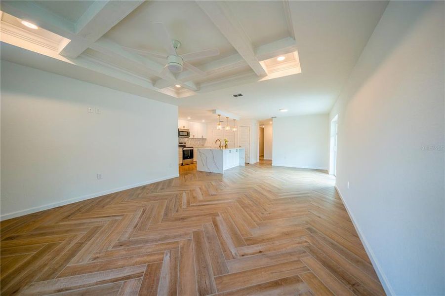 Spacious living area.  Love the wood beams in the living room