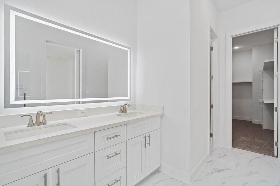 Large bathroom with walk-in shower and dual sinks