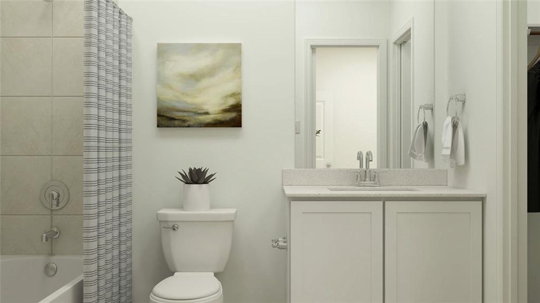 Full bathroom featuring vanity, toilet, and shower / bathtub combination with curtain