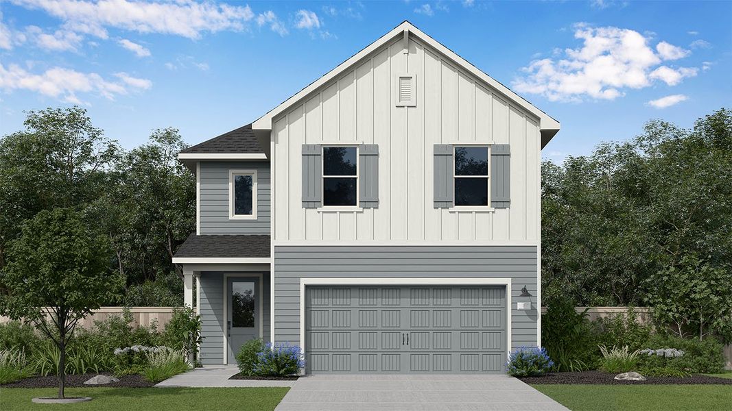 Representative exterior photo of a completed home built from the Ailynn by New Home Co. in The Cottages Collection at Oakberry Trails, Waller, TX (Image 2). Representative exterior photo of a completed home built from the Ailynn by New Home Co. in The Cottages Collection at Oakberry Trails, Waller, TX (Image 2).