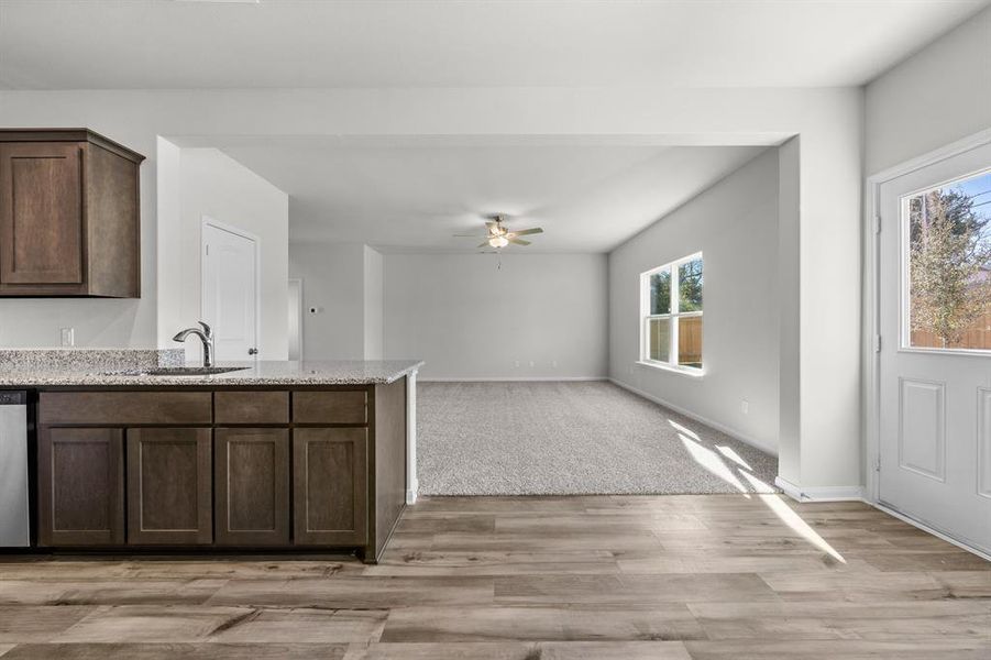 Kitchen with dark brown cabinets, a healthy amount of sunlight, light colored carpet, and sink